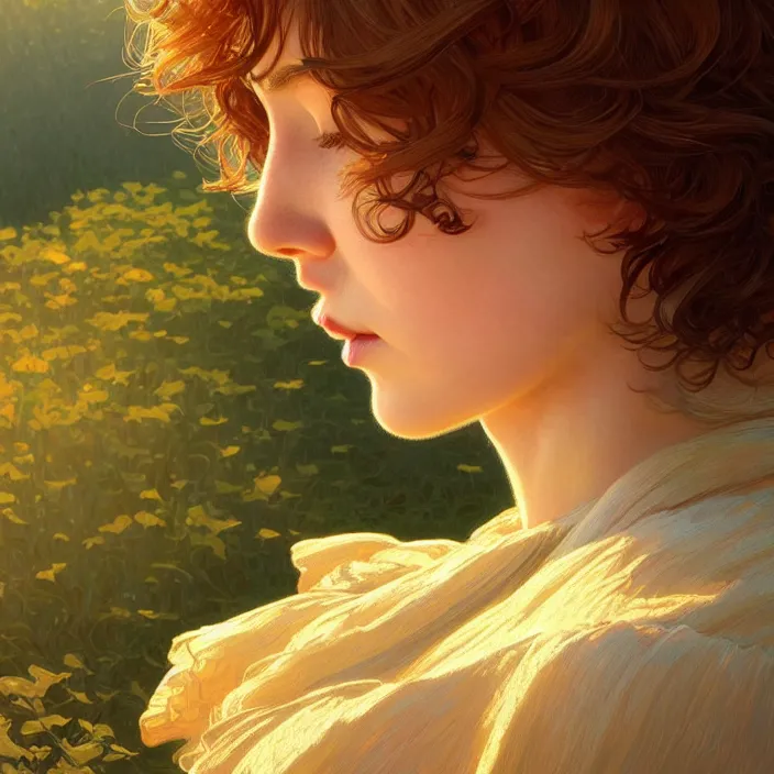 Image similar to a woman with short wavy hair, round face, cottagecore!!, river, trees, golden hour, intricate, elegant, highly detailed, digital painting, artstation, concept art, smooth, sharp focus, illustration, art by artgerm and greg rutkowski and alphonse mucha