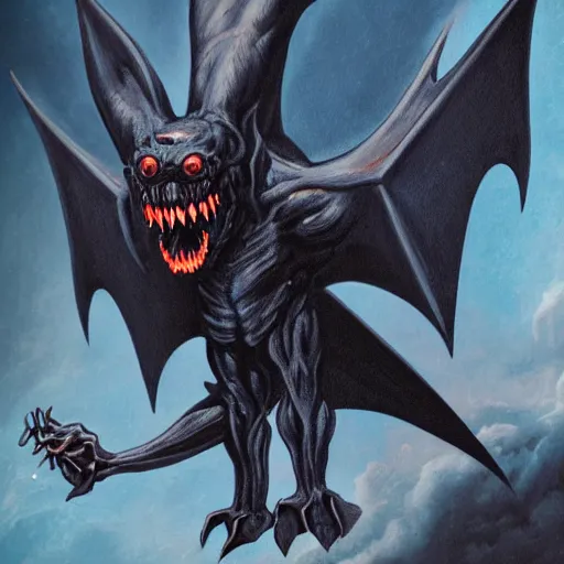 Prompt: detailed full body of scary giant mutant dark blue humanoid anthropomorphic bat, glowing red eyes flying above a stormy ocean, sharp teeth, acid leaking from mouth, realistic, giant, bat ears, bat nose, bat claws, bat wings, furred, covered in soft fur, detailed, 85mm f/1.4