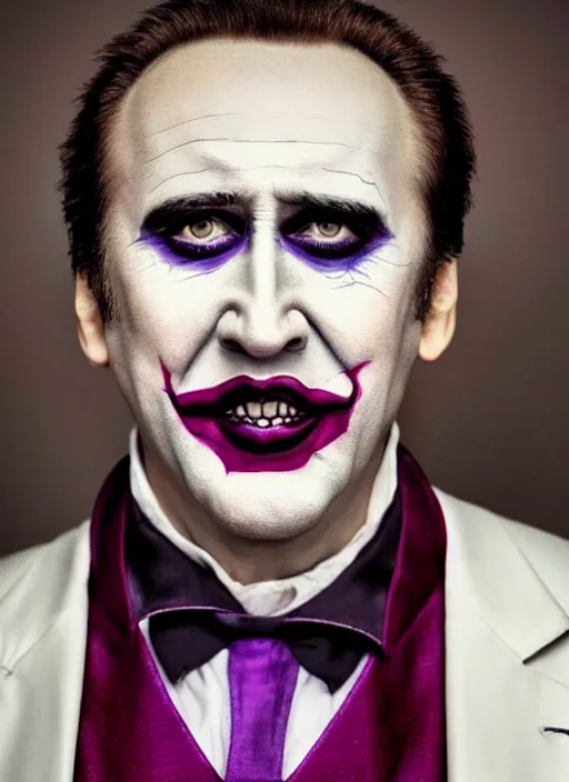 Image similar to photo of a 40-year-old Nicolas Cage (2021) as the Joker by Sergei Vasiliev, big smile, detailed, award winning, Sony a7R