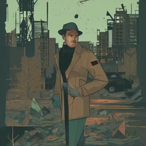 Image similar to a colorful comic noir illustration of billy zane in a post - apocalyptic city decaying in the desert by queens of the stone age, by sachin teng, dark vibes, pastel lighting, cinematic, depth of field, 8 k, high contrast