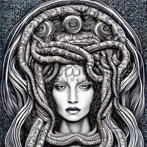 Prompt: symmetrical highly intricate, detailed portrait painting of medusa by greg rutowski