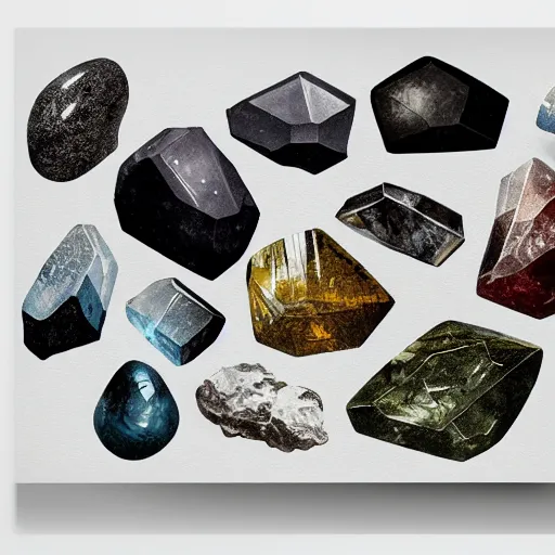 Image similar to full page antique lithograph of gemstones minerals, White background, art print, clean brush stroke, realistic highly detailed, 8k post-processing highly detailed, rendered by octane engine, esty,