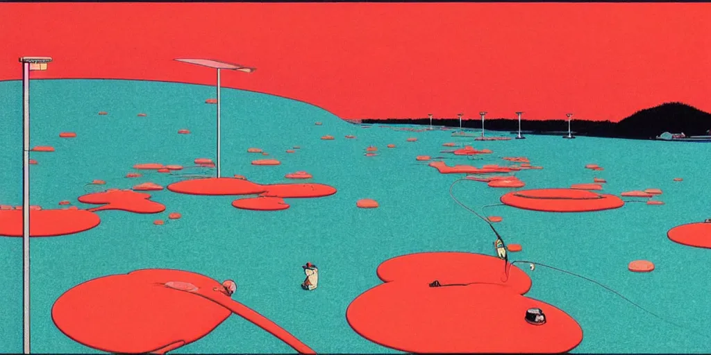 Image similar to electric cats that fly over ice, a lot of tv screens around, shrimps are all over the ground, acid and dreaming psychedelic hallucinations, by kawase hasui, moebius and edward hopper, colorful flat surreal design, hd, 8 k, artstation