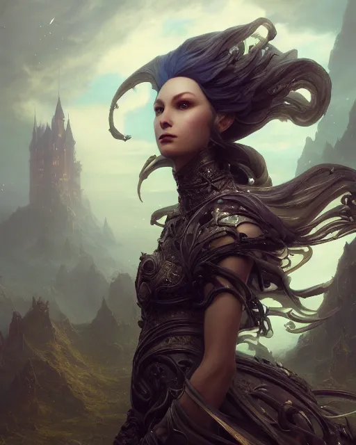 Prompt: rhythm of the wind, beauty portrait, gothich arc, lineage revolution 2. armor, detailed hair, fractal crystal, castle, intricate environment, fantasy art by greg rutkowski, peter mohrbacher, ross tran, craig mullins, thomas kinkade. unreal engine 5 highly rendered, blender, octane, ray tracing. sharp focus, post processing