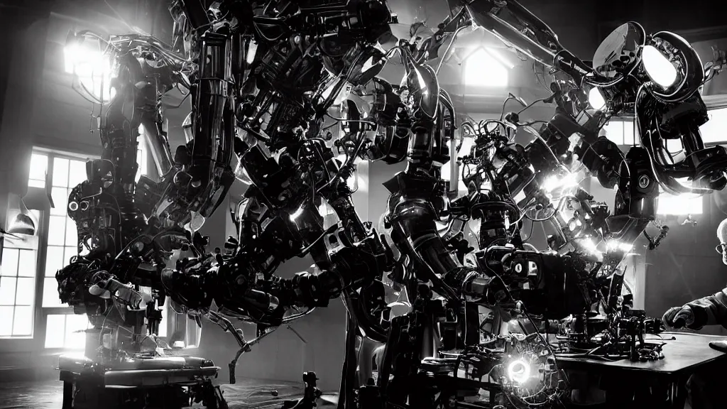 Prompt: bernie sanders putting the finishing touches on an intricate magical clockwork doomsday robot, black and white photo, cinematic moody lighting, sharp focus