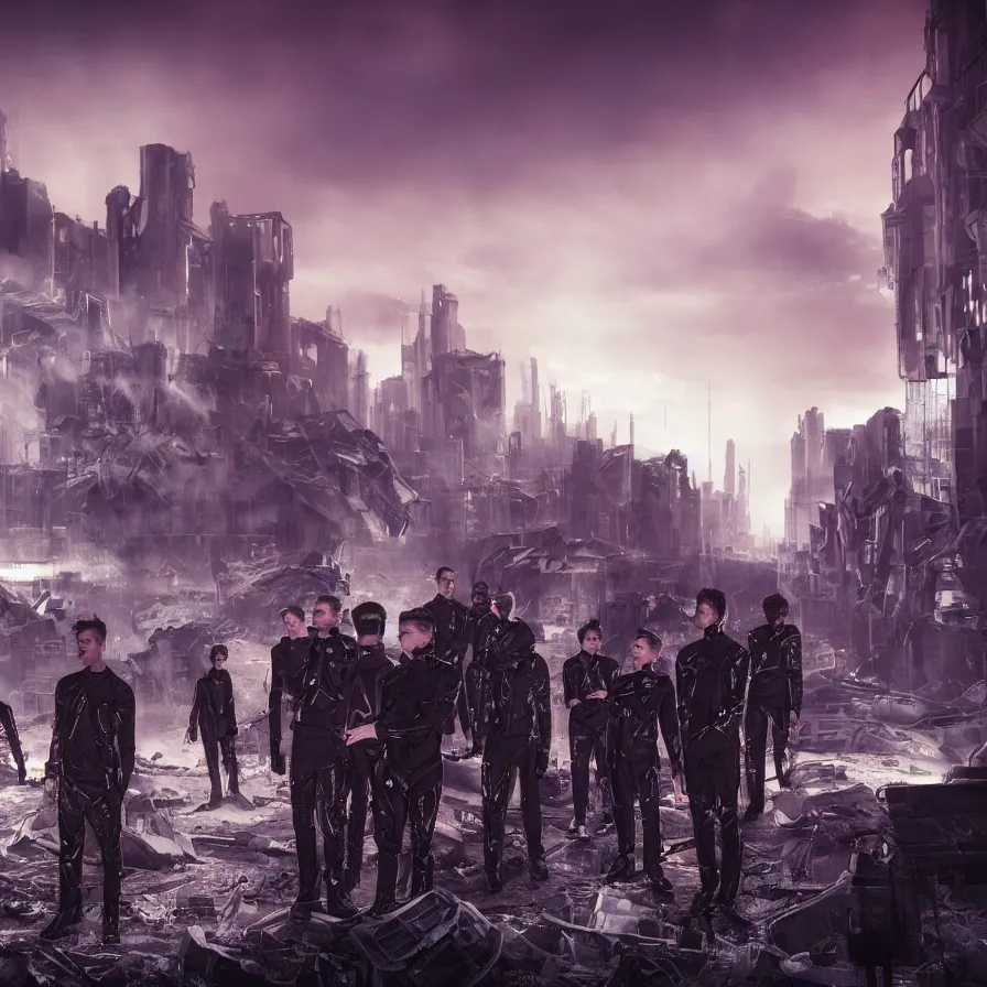 Prompt: 8 k hyperrealistic cinematic shot starset band in sci fi uniforms, standing in the streets, in an apocalyptic ruined distopian future city in an epic cinematic shot, with red haze, performing a music video, hyper detailed faces, stunning realism, brutalist buildings tower over