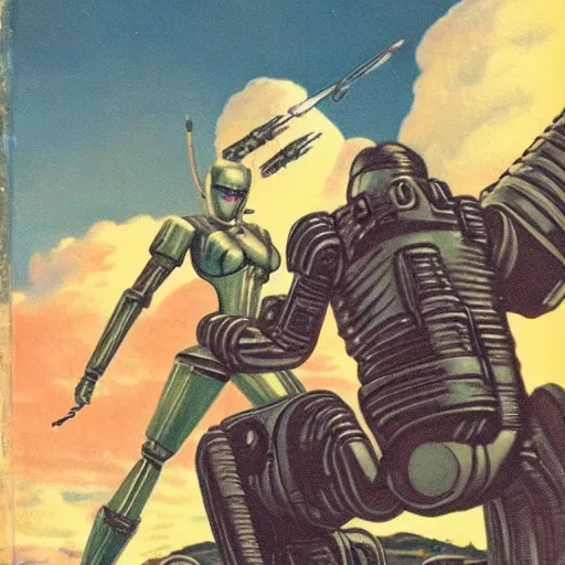 Prompt: a vintage scifi book cover of a warrior woman facing off against a gigantic robot, low perspective, detailed clouds