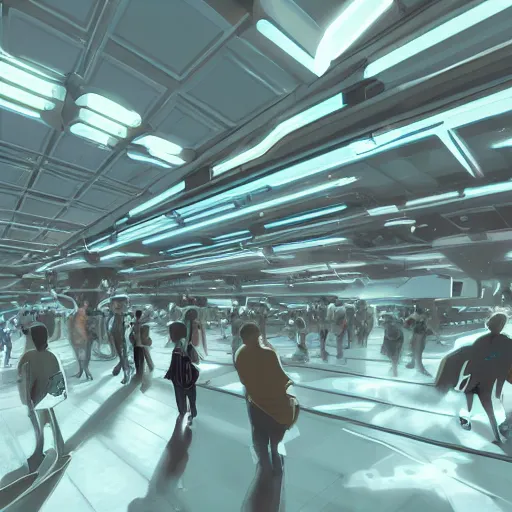 Image similar to hall in cyber space concept, a lot of people siting on tables, large screen, artstation