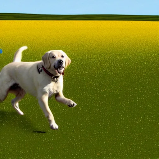 Prompt: A golden lab dog running in the Windows XP Bliss background