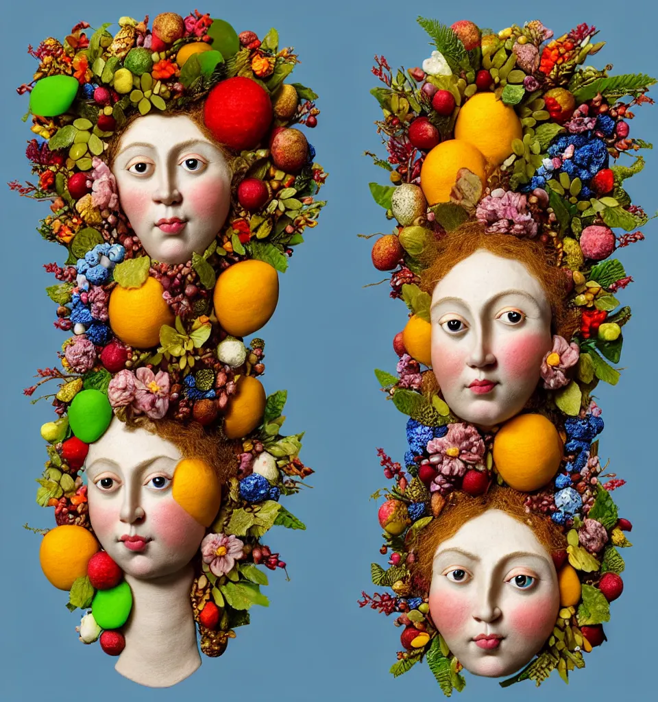 Prompt: portrait headshot of a fairy nature spirit, head made of fruit gems and flowers in the style of arcimboldo, john currin, fragonard, photorealistic, dynamic lighting, action figure, clay sculpture, claymation, dull blue cloudy background,