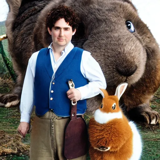 Image similar to frowning clean shaven pudgy British lad with short curly dark brown hair as a hobbit wearing a white men's crossbody sling chest bag and blue vest standing next to a giant rabbit, blue vest! white crossbody chestbag! high resolution film still, movie by Peter Jackson