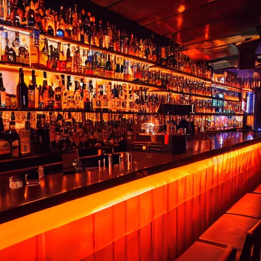 Image similar to a full shot of a bar with orange lighting, nighttime