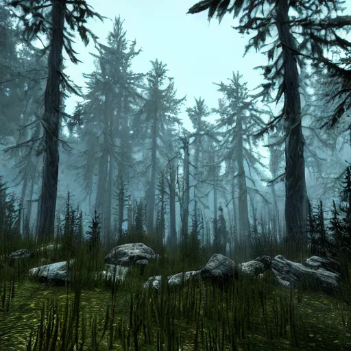 Prompt: a stunning screenshot of a mythical forest in Skyrim