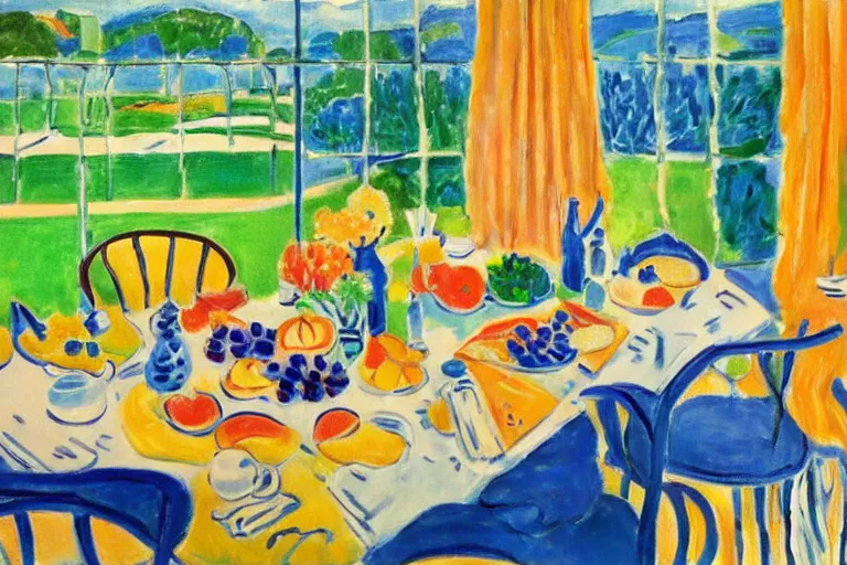 Image similar to a fancy breakfast scene at a country club by henri matisse and linda wilder, oil painting, highly detailed, saturated colors 4 k