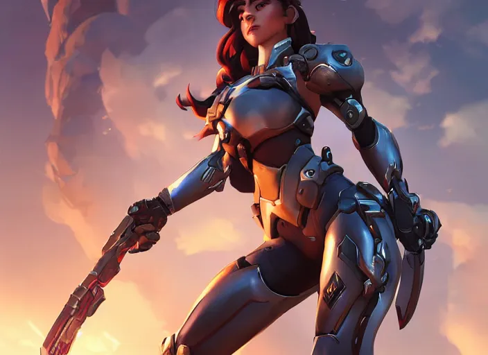 Image similar to poster!! beautiful new female character for overwatch, character concept art, action pose, illustration, full body armor, steel plating, huge weapon, super powers, athletic, long red hair, symmetry, intricate design, shiny, highly detailed, hd, dramatic lighting, art by artgerm and greg rutkowski