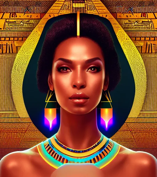 Prompt: symmetry!! egyptian princess of technology, solid cube of light, hard edges, product render retro - futuristic poster scifi, lasers and neon circuits, brown skin gorgeous egyptian princess, intricate, elegant, highly detailed, digital painting, artstation, concept art, smooth, sharp focus, illustration, dreamlike, art by artgerm