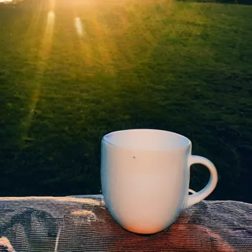 Prompt: a snail watching the sun rise whilst drinking a cup of tea, early morning light, beautiful day