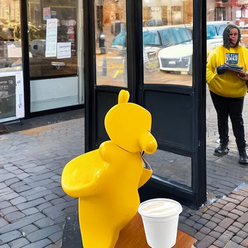 Prompt: a moose with a yellow hoodie selling coffee at a stand in downtown peterborough new hampshire, realistic, 8 k