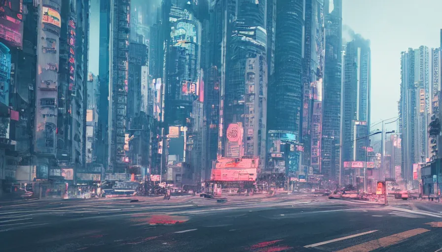 Prompt: Hong Kong in 2077, cyberpunk, steam covering the road,