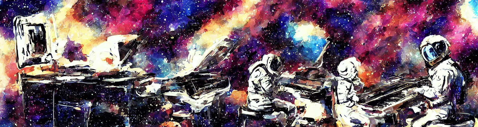 Image similar to an astronaut playing piano in the space, digital painting, digital art, bill sienkiewicz