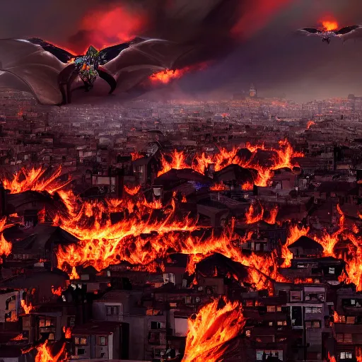Image similar to dragons flying over city with flames coming from their mounths, epic scene