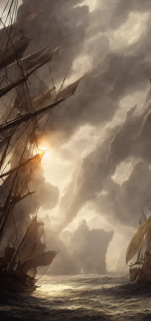 Image similar to matte painting of a pirate ship in a secret cave, sails and masts on fire, dramatic light, sunlight cones from an hole above, 8k, very detailed, concept art