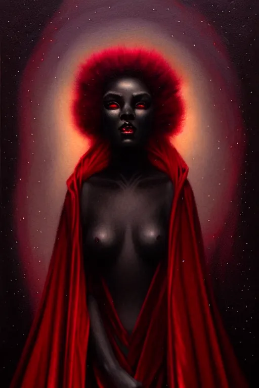 Image similar to Nocturne, glowing, stars, a portrait of black furry shadow monster hybrid woman, highly detailed, mysterious, ethereal, dressed in red velvet, haute couture, illustration, dramatic lighting, soft details, painting, by Edmund Blair Leighton, Brom, Charlie Bowater, trending on artstation, faces by Tom Bagshaw, otto schmidt