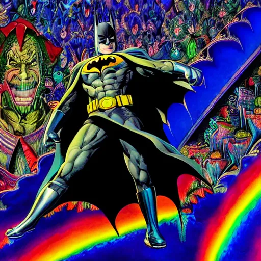 Prompt: a matte grand scale painting of batman in joker's fractal acid hell by howard chaykin and glenn fabry and todd nauck and alex grey and lisa frank, rainbow colors, hires detail, 8 k, fine detail