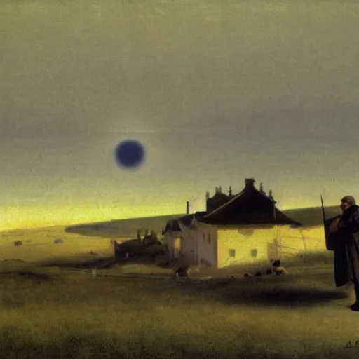 Image similar to dark solar eclipse, above a village, highly detailed, studio 4 k quality, by ramon casas