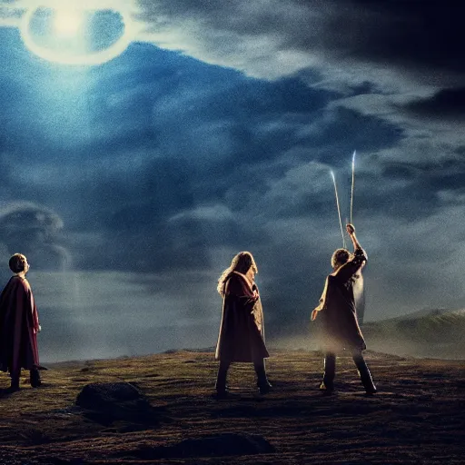 Image similar to Harry potter standing and casting a wand, back view, thunderclouds, cinematic shot, wide shot, epic scale, waving robe movement, photorealistic detail and quality, intricate ground stone, magical sigils, floating particle effects, movie still, nighttime, crescent moon, sharp and clear, action shot, intense scene, visually coherent, symmetry, rule of thirds, movement, photorealistic colors, cool colors transitioning to warm colors, award winning, directed by Steven Spielberg, Christopher Nolan, Tooth Wu, Asher Duran, Greg Rutkowski