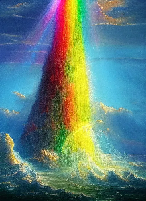 Image similar to a delicate sparkling rainbow fantasy tower splashes upwards from a turbulent rainbow ocean, dramatic lighting, rich colors, sunlight shimmering off the tower and the water and the spray, beautiful painting by Thomas Cole