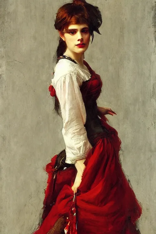 Image similar to Solomon Joseph Solomon and Richard Schmid and Jeremy Lipking victorian genre painting full length portrait painting of a young beautiful woman traditional german barmaid in fantasy costume, red background