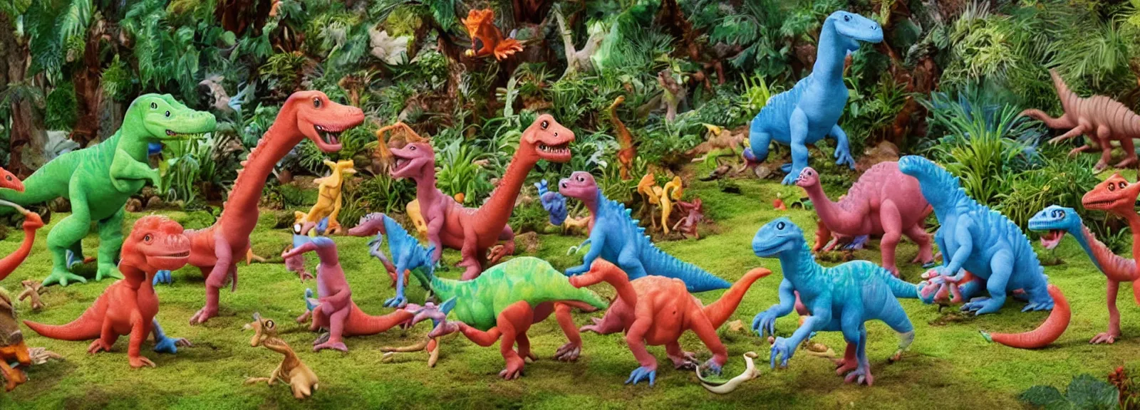 Prompt: claymation dinosaurs drinking cocktails in the garden of eden