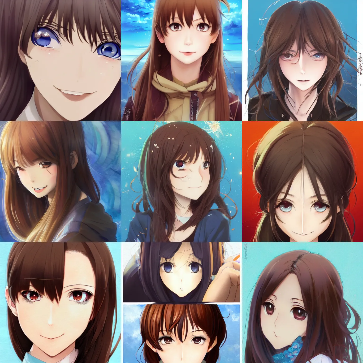 Prompt: An anime portrait of a woman with straight brown hair, smiling, with bright blue eyes, thick eyebrows, without glasses, and her whole head fits in the frame, by Stanley Artgerm Lau, WLOP, Rossdraws, James Jean, Andrei Riabovitchev, Marc Simonetti, and Sakimi chan, trending on artstation
