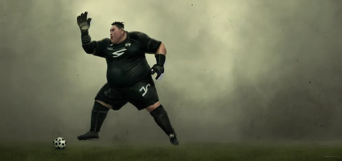 Image similar to a fat goalkeeper saving a penalty, black jersey, short hair, fog, magic, 8k, james gurney, greg rutkowski, john howe, artstation