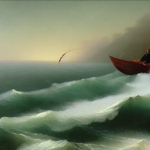 Prompt: a highly detailed painting of a man fishing on a small boat in the ocean by Ivan Aivazovsky, 4k, HD
