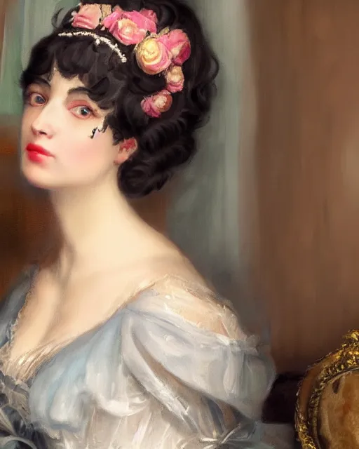 Image similar to close portrait rococo painting of a 1 9 2 0 s beautiful woman at a party in a mansion, strong contrast, unreal engine, hyper realism, realistic shading, cinematic composition, realistic render, octane render, detailed textures, photorealistic, ultrawide shot, 3 5 mm film