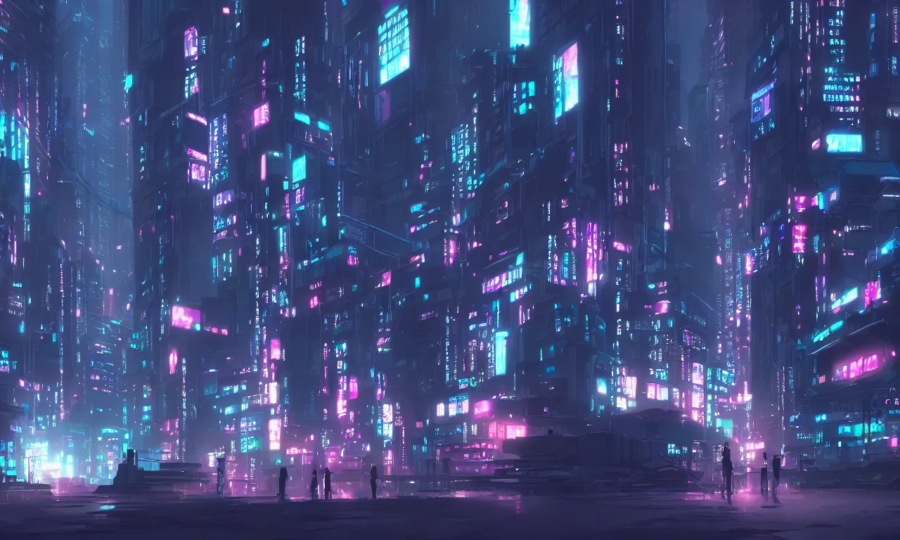 Prompt: city in the atmospheric cyberpunk anime film, gouache matte background painting, neon noir, at night with lights, by makoto shinkai, in the anime series ergo proxy, beautiful specular edge highlights and rim lighting