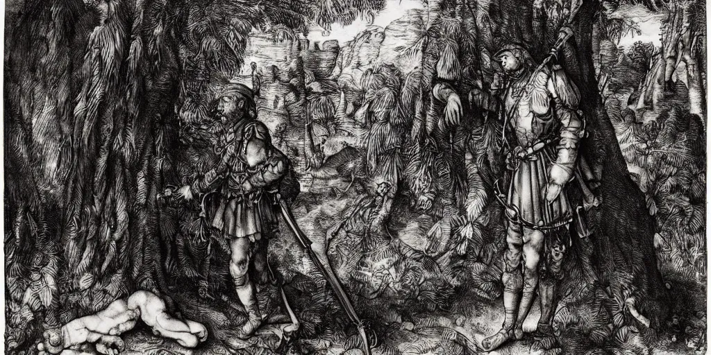 Image similar to A colonial soldier with a snake head, in a tropical forest by Albrecht Dürer, ink, engraving, 17th century, landscape