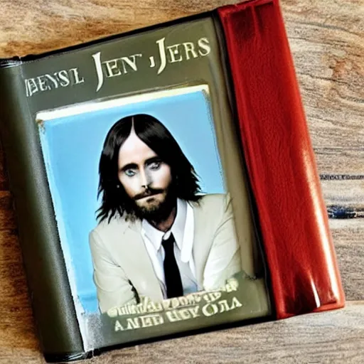 Prompt: photo of a bible with a picture of jared leto on the front
