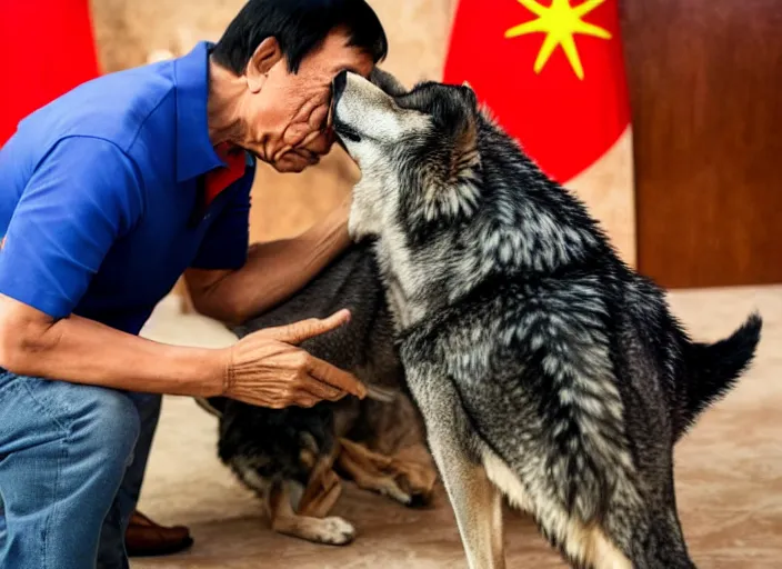 Image similar to duterte petting a wolf, realistic photograph, award winning photograph, cinematic, 4 k