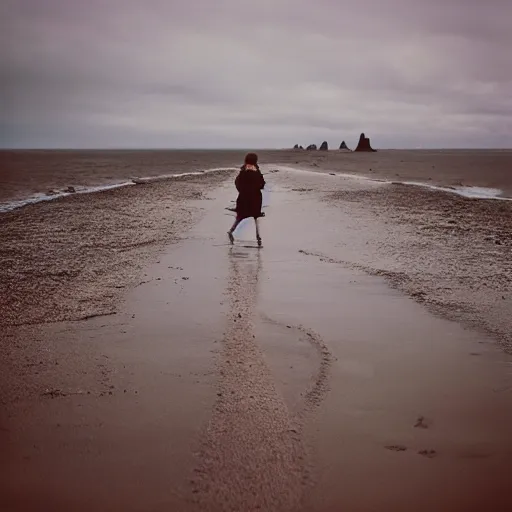 Image similar to a film photo young 20s something woman walking on beach in Oregon, Kodak gold 200 film, trending on instagram