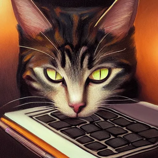 Prompt: cat sitting in a chair using a laptop, painting, by justine florentino, fantasy art, photo realistic, dynamic lighting, artstation, poster, volumetric lighting, very detailed face, 8 k, award winning