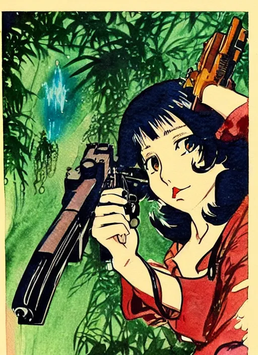 Prompt: vintage cinematic 7 0 s anime comic book watercolor, tewi inaba with a gun by dean cornwell, by billy childish, by gifford beal, fisheye lens, the background is a maximalist botanical old shabby chic green room filled with all kinds of plants and trees by enjolras delphin, ethereal soft and fuzzy glow, by cicely mary barker