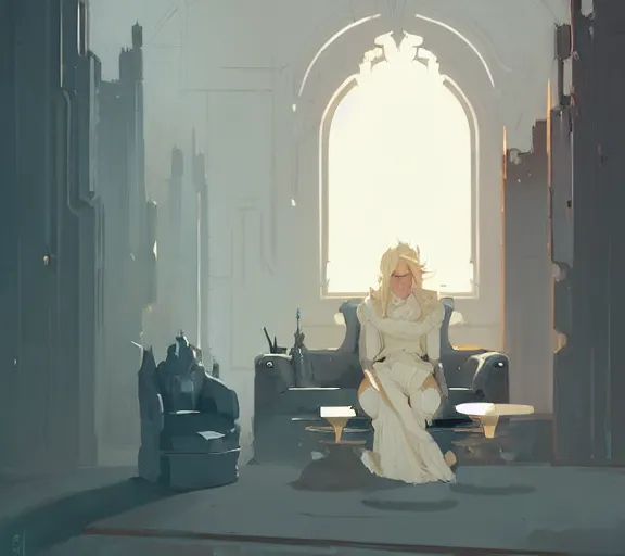 Image similar to portrait of cullen in the throne room atey ghailan, by greg rutkowski, by greg tocchini, by james gilleard, by joe fenton, by kaethe butcher, by ashley wood, dynamic lighting, gradient light blue, brown, blonde cream and white color scheme, grunge aesthetic