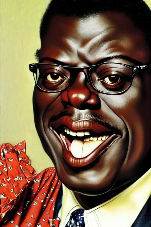 Prompt: bernie mac by gil elvgren and norman rockwell and rob gonsalves and hajime sorayama, hyperrealistic, high detail, ultra detailed, highly detailed face, ruffled fabric