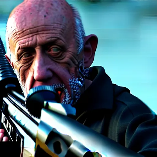 Image similar to film still of mike ehrmantraut aiming with a sniper rifle on a rooftop, 4 k, highly detailed