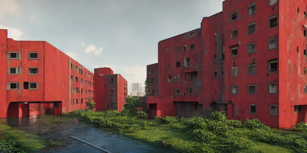 Prompt: brutalist red concrete architecture by Le Corbusier, abandoned red buildings, empty streetscapes, surrounded by lush green vegetation, ground-level view, puddles of water, stunning volumetric lighting, sunset, trending on Artstation, 8k, photorealistic, hyper detailed, unreal engine 5, cinematic, epic lighting, cryengine, octane render, cyberpunk, red and orange glow, dark, gloomy