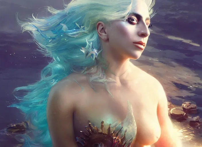 Prompt: lady gaga as a mermaid, intricate, sharp focus, lens flare, bloom, illustration, highly detailed, digital painting, concept art, matte, art by ruan jia and wlop and greg rutkowski