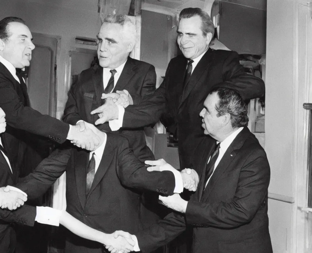 Image similar to Eric Cartman shaking hands with Richard Nixon, close-up photograph